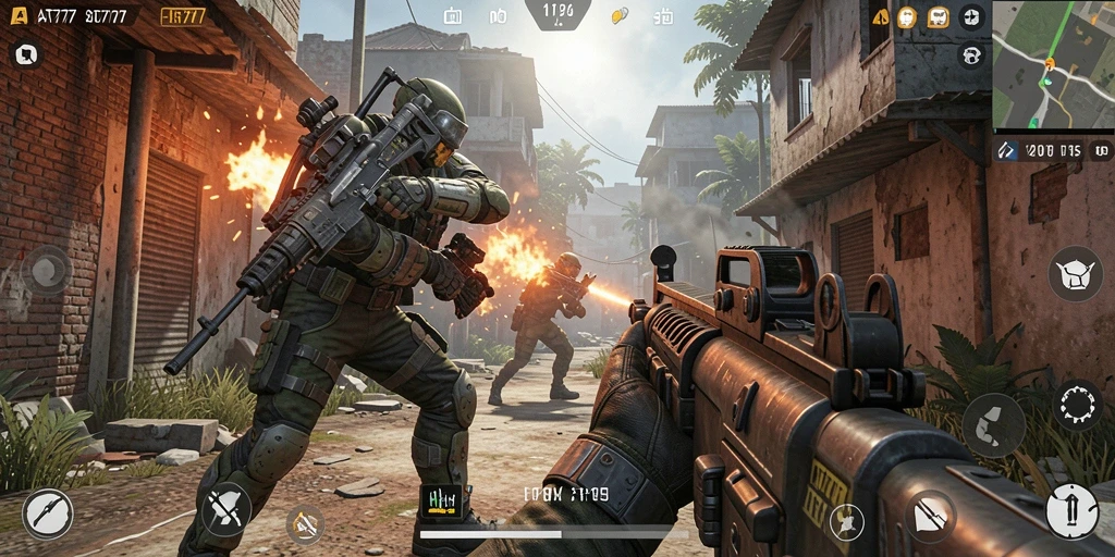Screenshot utama AT777 menunjukkan aksi seru dalam game FPS.