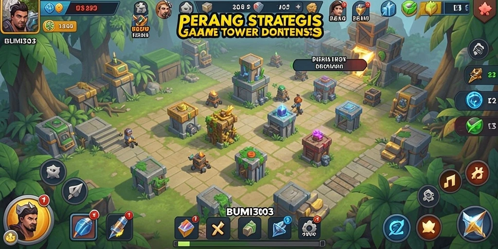 Tampilan utama BUMI303 dengan aksi gameplay menara pertahanan yang seru.