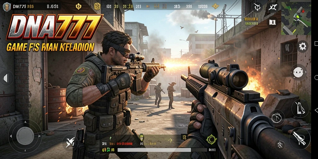Screenshot utama DNA777 menampilkan aksi menegangkan dalam pertempuran FPS.