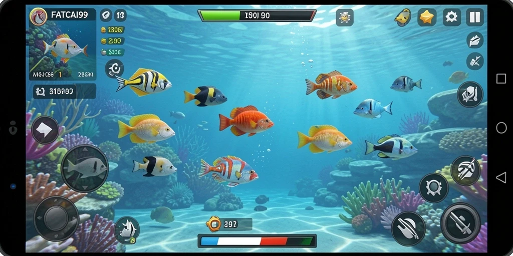 Tampilan gameplay seru dalam FATCAI99 dengan aksi tembak ikan.