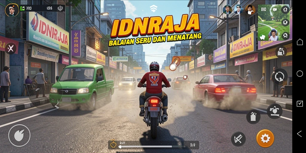 Screenshot gameplay IDNRAJA dengan aksi balapan yang intens dan grafis menawan.