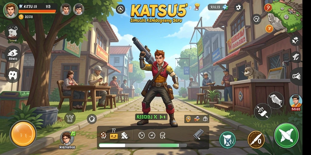 Screenshot KATSU5 menunjukkan karakter berinteraksi dalam gameplay simulasi.