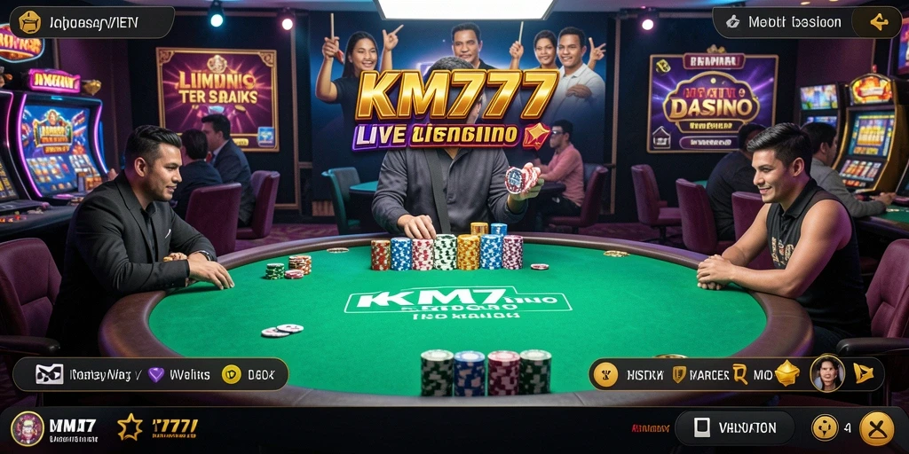 Screenshot KM777 menunjukkan dealer langsung dan permainan kasino yang seru.