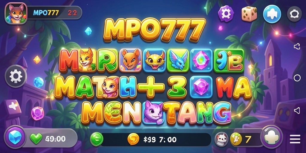 Screenshot utama MPO777 menampilkan gameplay Match-3 yang menarik.