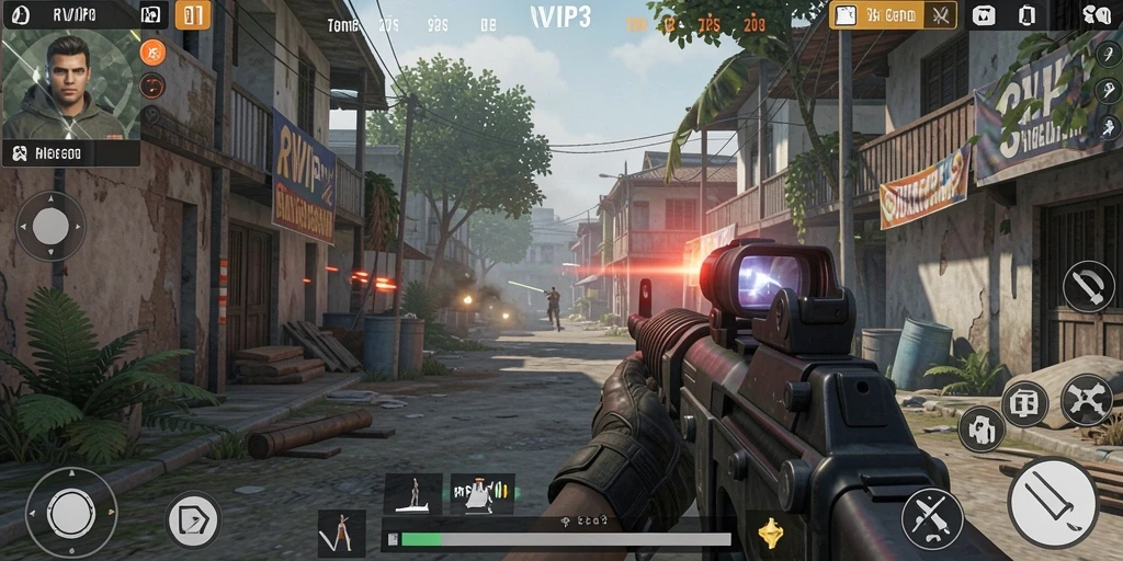 Screenshot gameplay RVIP3 menampilkan aksi tembak-menembak yang intens.